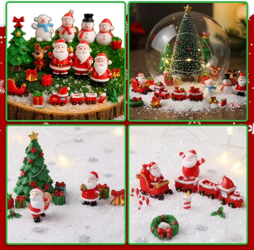 Vista 6 de 58 piezas de figuritas en miniatura de Navidad, miniaturas de Santa Claus, muñeco de nieve, copo de nieve, reno en miniatura de resina, adornos