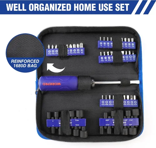 Vista 6 de WORKPRO Juego de 61 piezas de brocas magnéticas para destornillador y destornillador de tuercas con bolsa organizadora, herramientas DIY