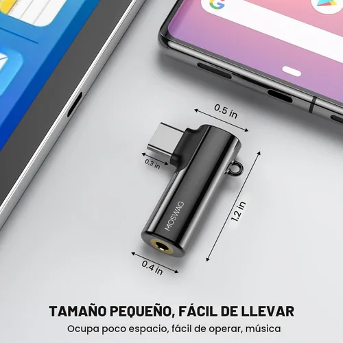 Vista 6 de MOSWAG Adaptador de auriculares USB C a conector tipo C de 0.1 in, micrófono auxiliar en ángulo derecho, dongle de audio de aleación de zinc Negro