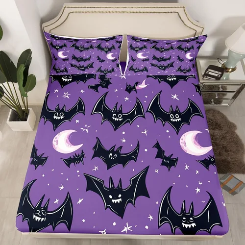Vista 4 de Lindas sábanas de murciélagos tamaño individual, juego de sábanas de Feliz Halloween para niños y niñas, Kawaii cielo estrellado estrellas luna