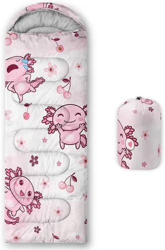 Vista 40 de QOOMO Axolotl - Lindos sacos de dormir para campamento, 3 estaciones, clima cálido y fresco, ligeros, impermeables, para adultos y niños, viajes
