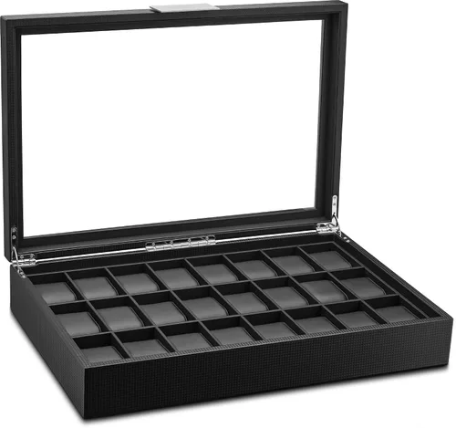 Vista 3 de Glenor Co Caja de reloj para hombre Organizador plano de lujo de 24 ranuras diseño de fibra de carbono para relojes de joyería para hombre soporte