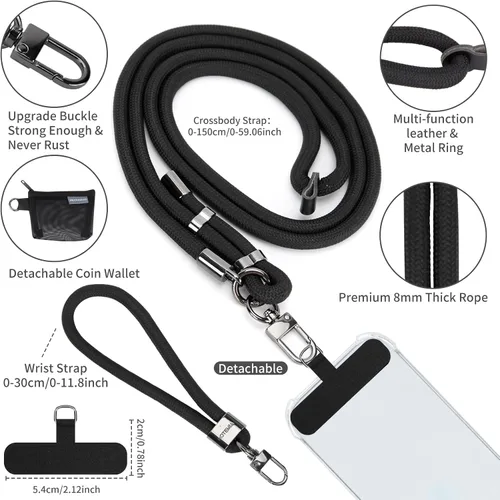 Vista 2 de HOTEMIA Cordón para teléfono y correas para la muñeca, cordón para celular ajustable cruzado con billetera desmontable, cordón para iPhone de 8mm