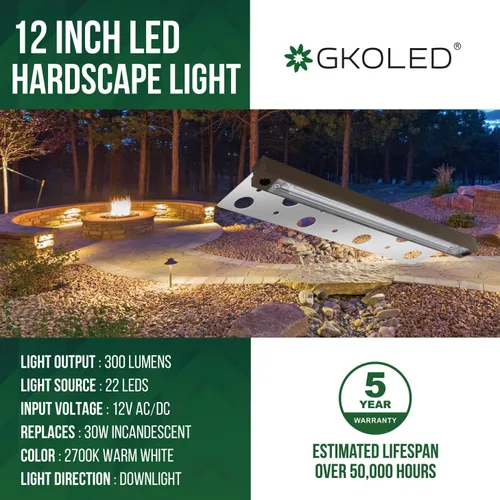 Vista 2 de GKOLED Iluminación LED Hardscape de 12 pulgadas, luces de pared de contención de bajo voltaje, luz LED de escalón, 4 W 12 V CA/CC, 2700 K, blanco