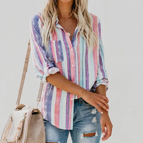 Vista 3 de Women's Striped Button Up Blouse Trendy Business Tops Dressy Soft Cotton Linen Tops Casual Long Sleeve Tops Fall Shirt
