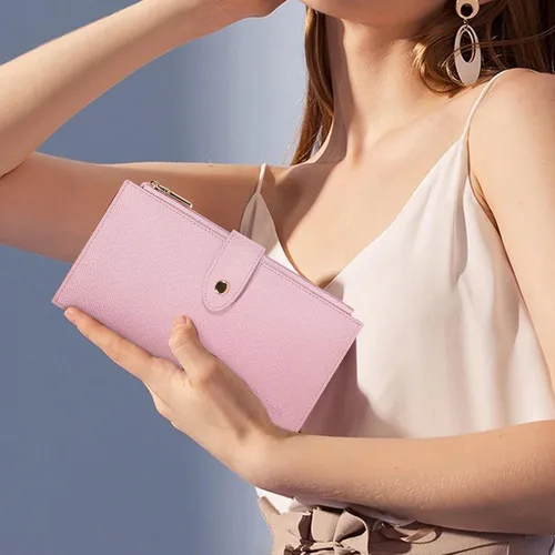 Vista 3 de Travelambo Billetera para mujer con bloqueo RFID plegable para múltiples tarjetas con bolsillo con cremallera, rosado (Pink Sakura), Minimalista