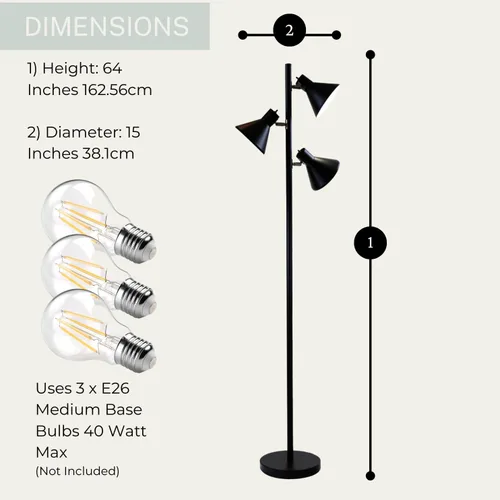 Vista 8 de LIGHTACCENTS Lámpara de pie de árbol negro con 3 luces ajustables, lámpara de pie moderna, pantallas negras ajustables, luz de poste para sala