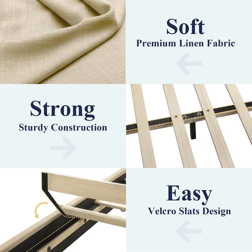 Vista 5 de Allewie Base de cama tamaño matrimonial con cabecera ajustable, cama tapizada con plataforma y listones de madera, base de colchón resistente,