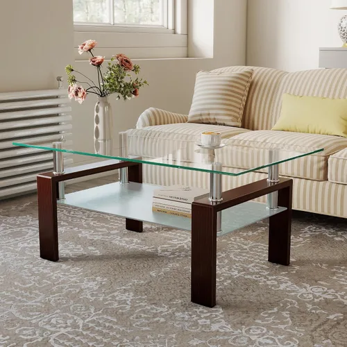 Vista 11 de IANIYA Mesa de Centro de Vidrio, Mesa de Centro Rectangular Negra para Sala de Estar con Vidrio Templado y Tubo de Metal, 2 Niveles de Espacio