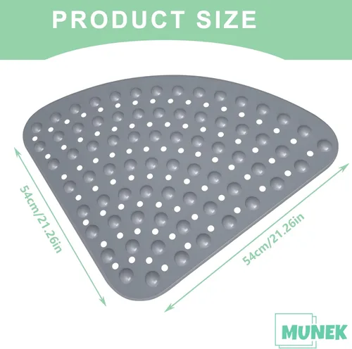 Vista 2 de MUNEK Tapete de ducha esquinero antideslizante, 21 x 21 pulgadas, curvado para ducha o bañera, tapete de seguridad con orificio de drenaje, tapete