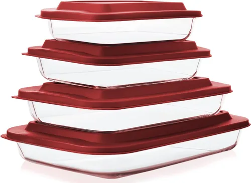 Vista 5 de Juego de 8 platos para hornear de vidrio profundo con tapas de plástico, juego de utensilios rectangulares de vidrio con tapas, moldes para hornear