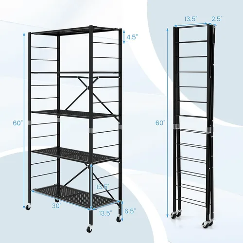 Vista 3 de LOKO Estantes de almacenamiento plegables de 5 niveles con ruedas, estantería de metal ajustable de 60 pulgadas de alto, estante organizador