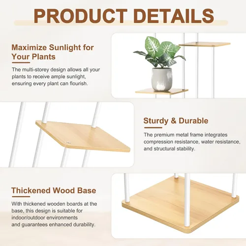 Vista 4 de Soporte para plantas de 4 niveles para interiores y exteriores, estante de esquina de metal de madera, múltiples estantes para macetas, estante