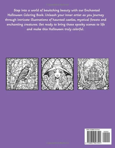 Vista 2 de Enchanted Halloween Stained Glass Adult Coloring Book. Relax and color with enchanted halloween characters with detailed images