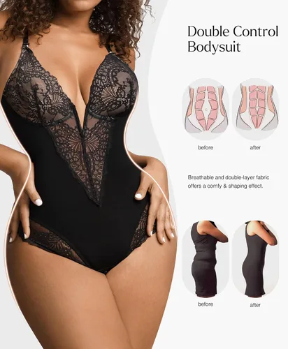 Vista 4 de Popilush Body de encaje con control de abdomen, corsé con cuello en V, sin mangas, espalda descubierta, tangas