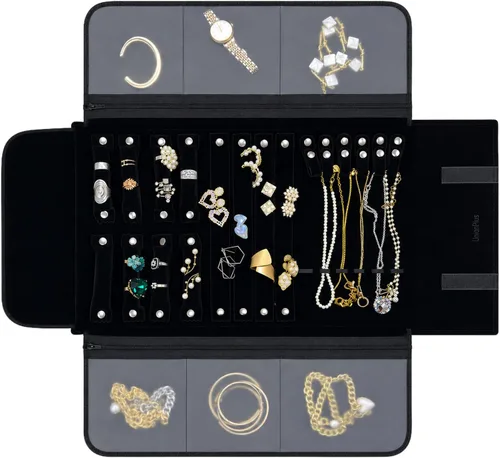 Vista 14 de UnionPlus - Estuche de terciopelo para joyería de viaje, bolsa enrollable para collares, pulseras, gran organizador de joyas para viajes, multi Beige