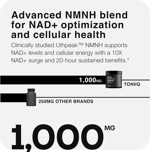 Vista 6 de Toniiq Suplemento NMNH – Complejo de 1,000 mg de potencia ultra alta con Uthpeak™ NMNH clínicamente estudiado, resveratrol, quercetina y TMG