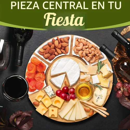 Vista 6 de NutriChef Set de tabla de queso de bambú natural con taza de condimentos extra grande de bonificación - Tamaño 100% orgánico para el hogar, plato