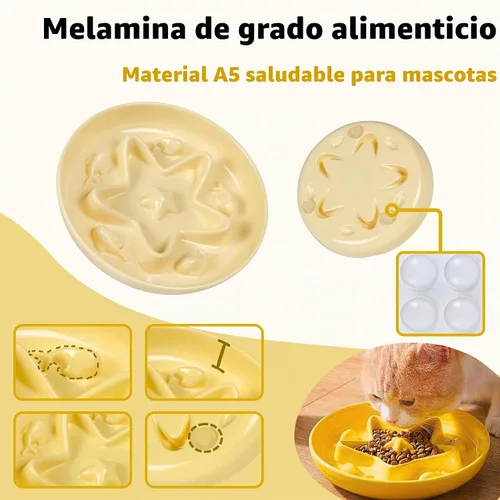 Vista 4 de Cuenco de alimentación lenta para gatos, de melamina, apto para bigotes, para comer lentamente, alimentos húmedos y secos, apto para lavavajillas