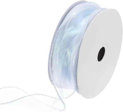Vista 51 de MECCANIXITY - Cinta de organza con cable de 1 1/2" de ancho, brillante, transparente, con brillo irisado en tonos pastel, cinta de gasa para Beige