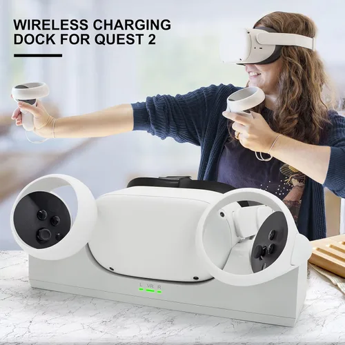 Vista 7 de VR Charger Dock for Quest 2 Accessories, Station Stand for Charging MetaOculus Quest 2 Controller Headset with Elite Strap Attached