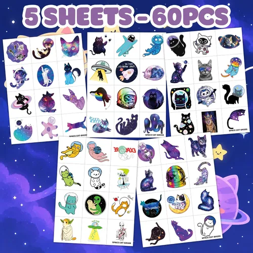Vista 3 de 60 PCS Space Cat Temporary Tattoos Pre-Cut for Kids Girls Boys