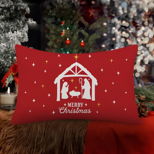 Vista 2 de Fundas de Almohada de Navidad de 12x20 Pulgadas, Juego de 4, Fundas de Almohada Religiosas de Natividad, Fundas de Almohada Decorativas Rojas