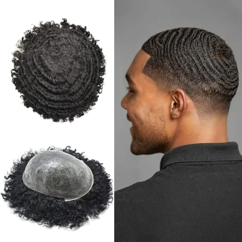 Vista 13 de LYRICAL HAIR Afro Toupee 360 unidades de cabello afro ondulado para hombres negros, sistema de reemplazo de inyección de poliuretano de piel fina