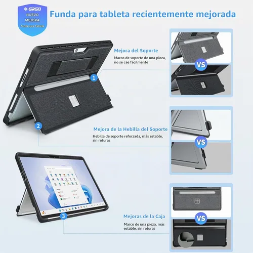 Vista 4 de Funda para Microsoft Surface Pro 11/10/9/8 de 13 pulgadas, con cubierta de soporte, correa de mano, funda resistente todo en uno compatible con Negro