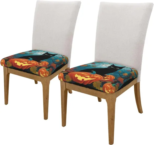 Vista 2 de Fundas de asiento cuadradas para silla de cocina con arces de gato negro de Halloween, 16.9 pulgadas, dos piezas, funda de cojín elástica ajustable