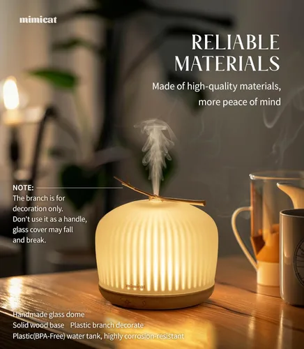 Vista 5 de mimicat Difusor de Aromaterapia Silencioso de Vidrio: 230ML Ultrasónico de Niebla Fría con Aroma para el Hogar con Luz Nocturna - Estético