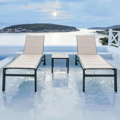 Vista 9 de PURPLE LEAF Juego de 2 tumbonas de aluminio para patio al aire libre con ruedas y mesa auxiliar, tumbona de piscina para jardín al aire libre, junto