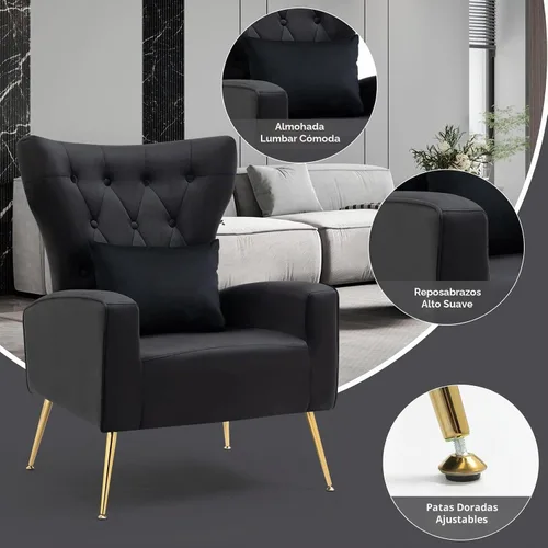 Vista 3 de Silla decorativa de terciopelo para sala de estar, sillón de mediados de siglo con respaldo de ala alta, silla auxiliar dorada para dormitorio