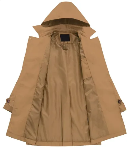 Vista 3 de Gabardina de doble botonadura para mujer, abrigo largo con cinturón de longitud media, chaqueta de vestir larga con capucha desmontable