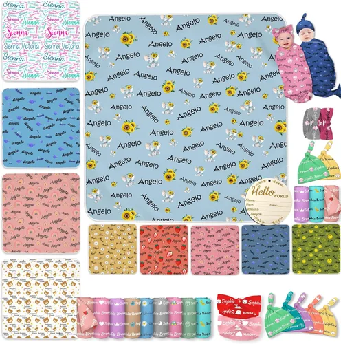 Vista 10 de Manta personalizada para bebés y niños, manta con nombre personalizado para recibir con diadema de lazo y sombrero, artículos personalizados