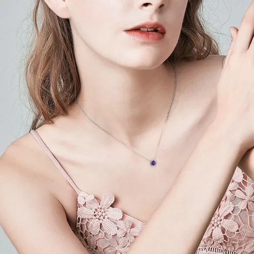 Vista 2 de Collar de plata de ley con piedra natal para mujer, delicado collar redondo con colgante de circonita cúbica, joyería solitaria, regalo
