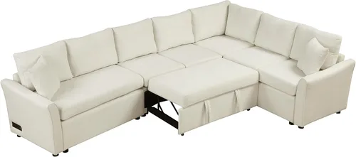 Vista 7 de JIVOIT Sofá cama moderno en forma de L con dos almohadas de respaldo, sofá cama modular de 124.8 pulgadas con cama extraíble, sofá modular Beige 052