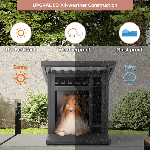 Vista 5 de Casa para perros al aire libre, techo inclinado impermeable contra la lluvia y la nieve, casas para perros de diseño moderno con panel resistente a