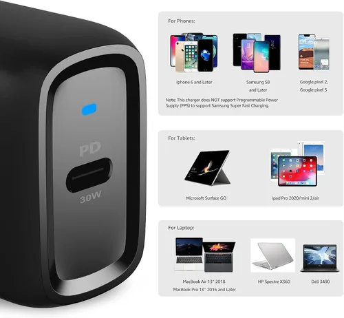 Vista 4 de Amazon Basics Cargador de pared USB-C GaN de 30W de un puerto con Power Delivery PD para tabletas y teléfonos