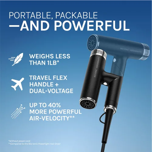 Vista 2 de Bio Ionic AeroGravity - Secador de pelo Featherlight, mango plegable, reduce el encrespamiento y la estática, compacto, ultra ligero, doble voltaje