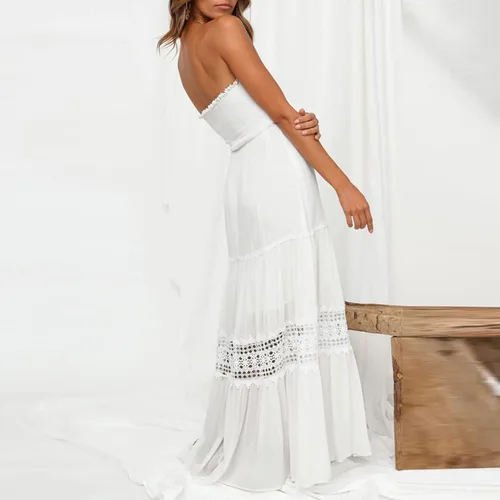 Vista 5 de NaRHbrg Vestidos de verano para mujer 2024, vestido sin tirantes, bohemio, fluido, vestido largo con parte superior de tubo, hombros descubiertos