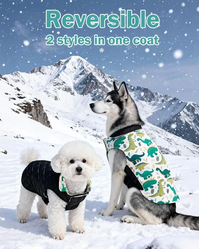 Vista 2 de CuteBone Abrigo de invierno para perro, chaleco reversible impermeable y resistente al viento, chaqueta gruesa ajustable para clima frío con agujero