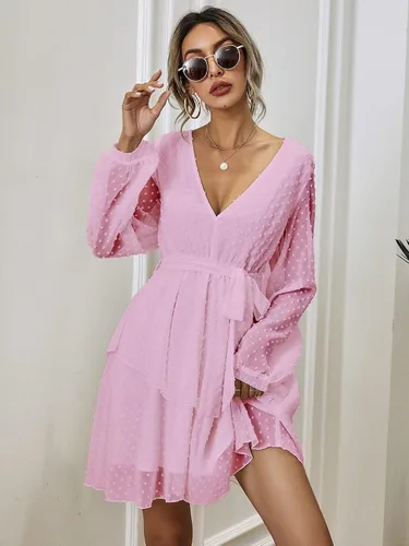 Vista 3 de MakeMeChic Vestido de manga obispo con cinturón de punto suizo para mujer