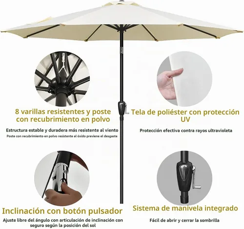 Vista 3 de Simple Deluxe - Paraguas de 9 pies para patio al aire libre, mesa de mercado, para jardín con botón de inclinación y manivela Beige