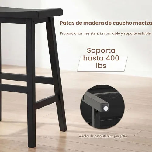 Vista 5 de COSTWAY Juego de 2 taburetes de madera maciza de 24 pulgadas con reposapiés Negro