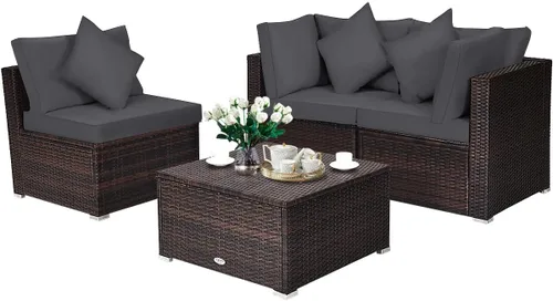 Vista 8 de HAPPYGRILL Juego de sofá de mimbre para patio de 4 piezas, moderno juego de sofá modular con cojines y almohadas lavables, juego de muebles de ratán