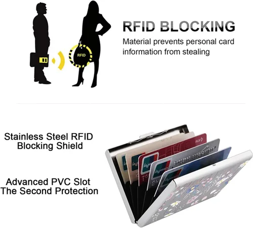 Vista 22 de BONSYL® Soporte para tarjetas de crédito, cartera delgada de metal con bloqueo RFID, con 6 ranuras para tarjetas, para mujeres y hombres.