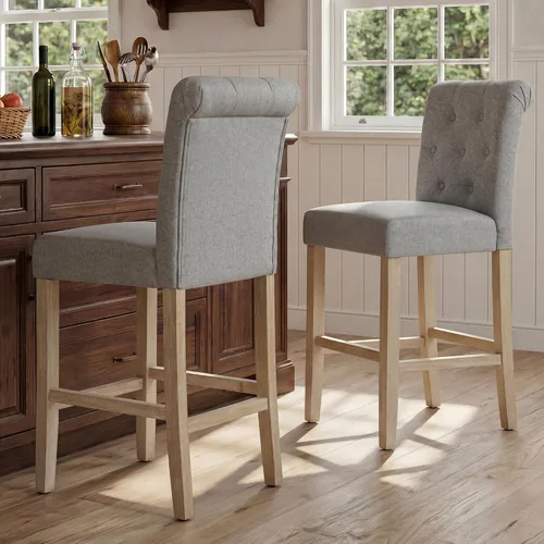Vista 16 de GOTMINSI Taburetes de tela beige de 24 pulgadas, juego de 2 sillas tapizadas de altura de mostrador con decoración copetuda de estilo ocio