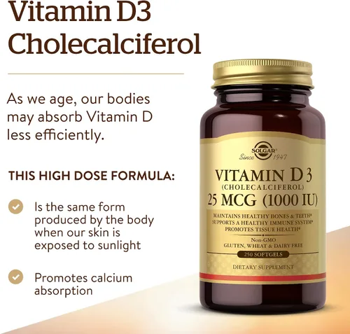 Vista 3 de Solgar - Vitamina D3 (colecalciferol) 25 MCG (1000 UI), 250 cápsulas blandas - Ayuda a mantener huesos y dientes sanos - Apoyo al sistema