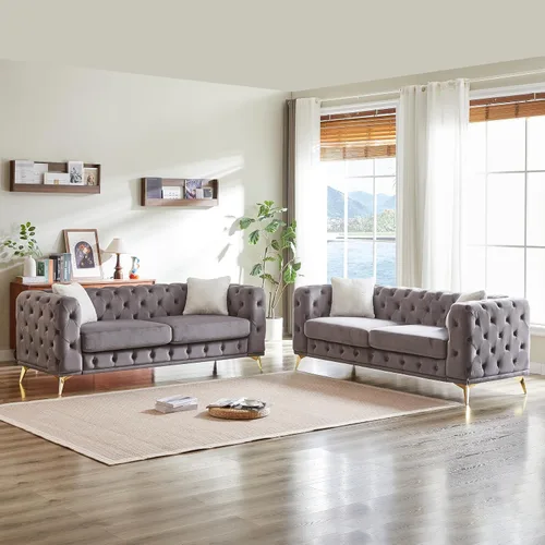Vista 23 de KEIKI Sofá Chesterfield de terciopelo de lujo extragrande de 61 pulgadas con 2 almohadas, estilo mediados de siglo, sofá de 2 plazas con botones